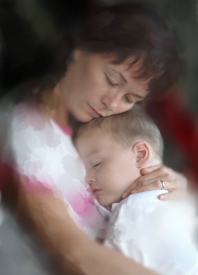 Mother and Sleeping Son, with Painting Effects