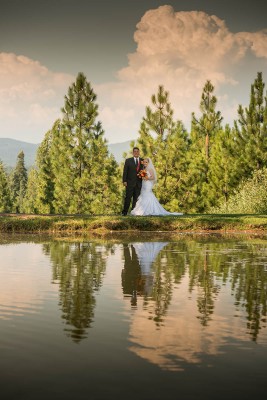 Pond Reflection and Bridal Couple
